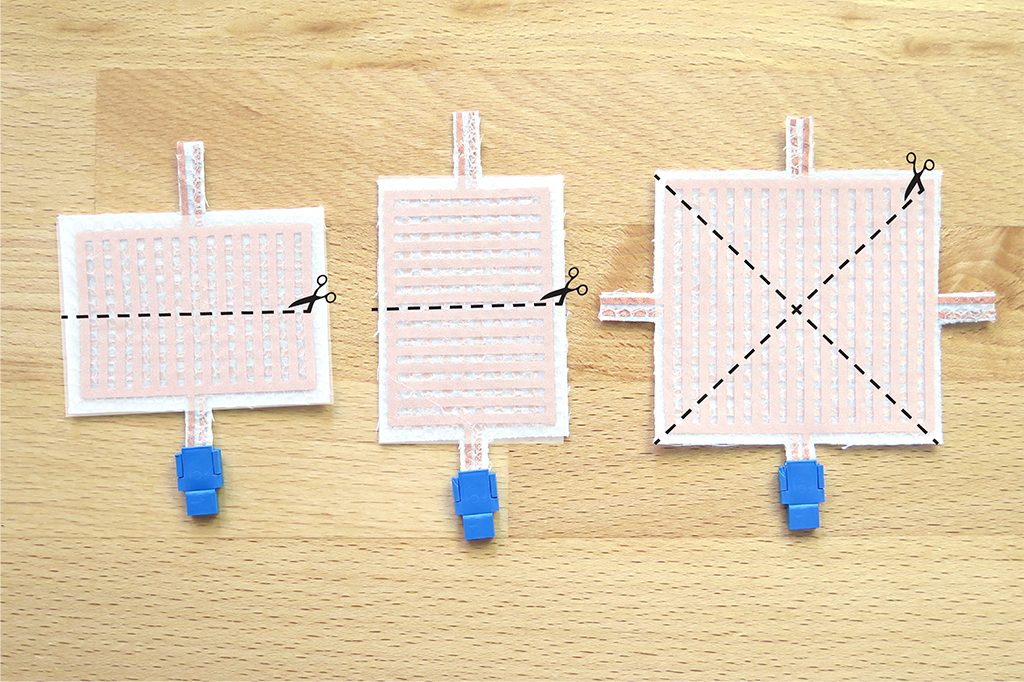 Three different shapes of conductive fabric switches that can be cut to size.